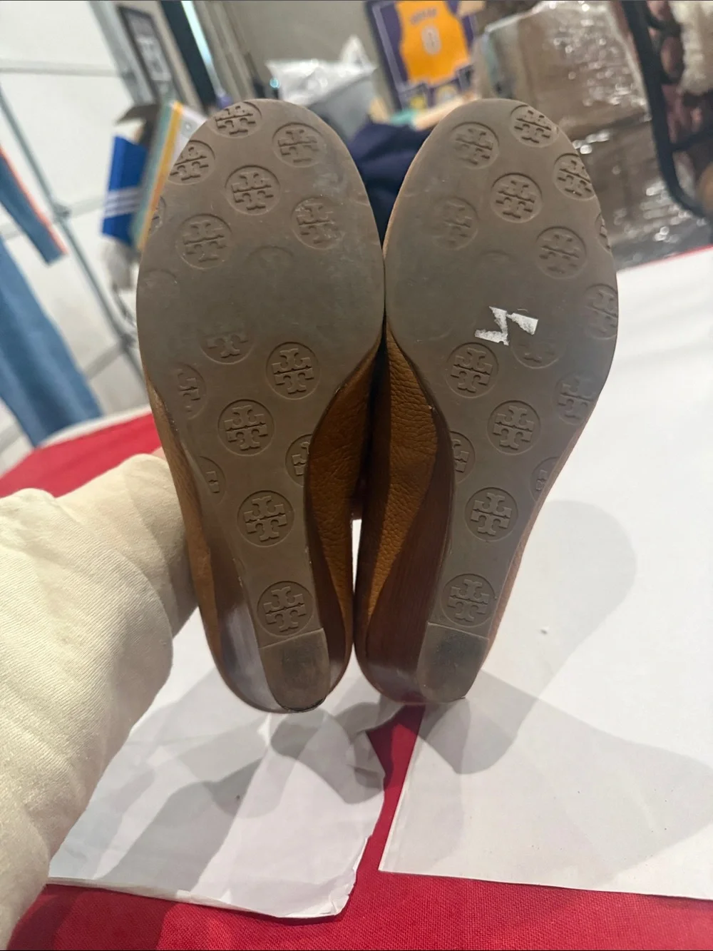 Tory Burch Tan Leather wedged heels with Signature Logo Medallion